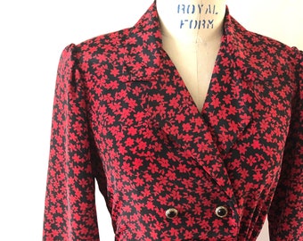 1980s Dark Floral Dress red sz S