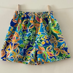 1980s Hawaiian floral Cotton Shorts sz S/M blue yellow green print Elastic waist