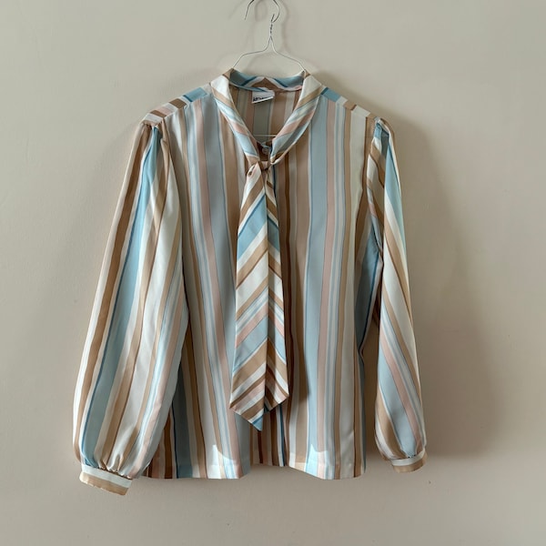 Striped Blue 1980s Blouse sz M/L