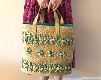 Palm sea shell Beach Bag Tote vintage 1960s
