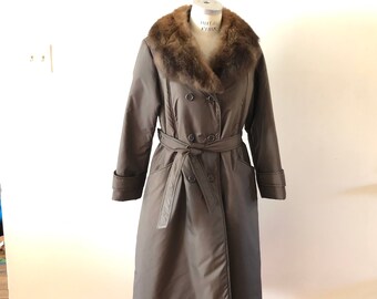 Dark Brown Trench with Rabbit Fur Collar Insulated VIntage 1980s Sz M