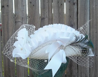 Pirate Hat White Wedding Bridal Hat with Veil and Feathers - Custom Order