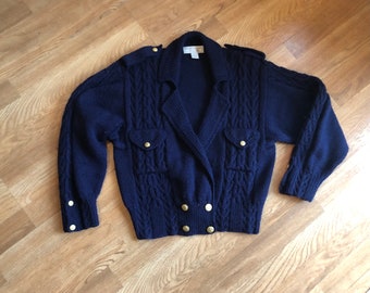 Navy Blue Wool Cardigan Vintage 1980s Sz S/M/L