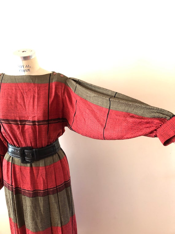 Green and Red Silk Dress Vintage 1980s Sz S - image 2