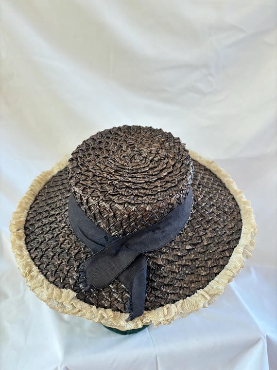 1940s Navy Blue Straw Boater Hat: White Ruffle Tr… - image 10