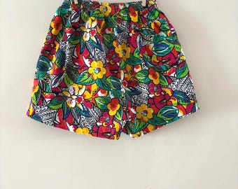 Tropical Cotton Shorts Vintage 1980s Hawaiian style elastic waist size  S/M