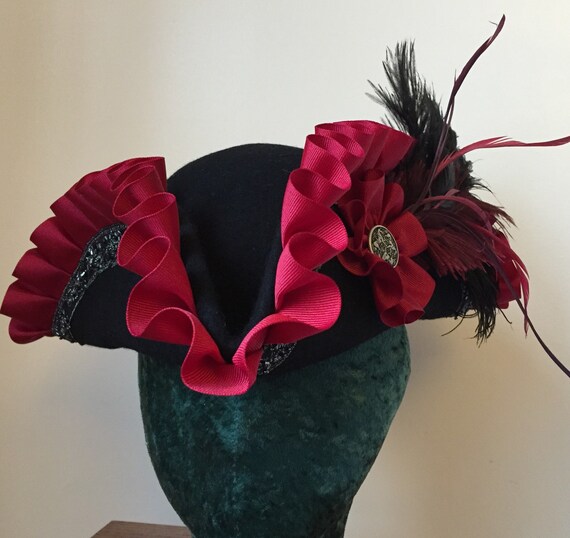 PIRATE HAT Black Crimson Red Unique Gothic Romantic Tricorn Custom
