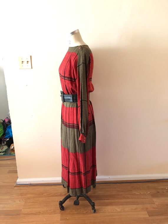 Green and Red Silk Dress Vintage 1980s Sz S - image 7