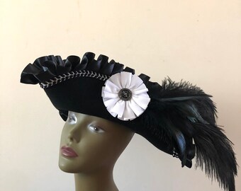 Black and white pirate hat wool felt tricorn- Custom Order