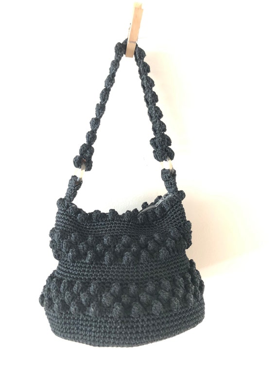 1940s Round Black popcorn Crochet purse