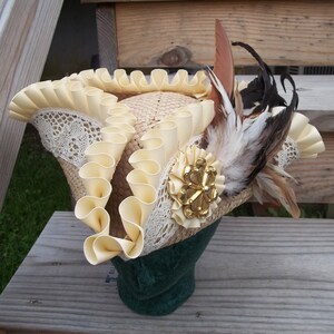 Lolita Pirate Hat Custom Order Ivory Feather Fantasy Pirate Hat Tricorn with Cream Ribbons and lace