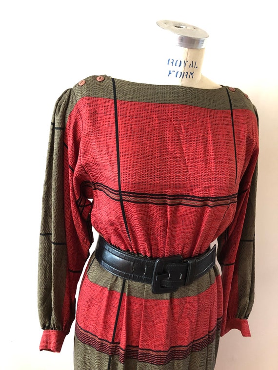 Green and Red Silk Dress Vintage 1980s Sz S - image 3