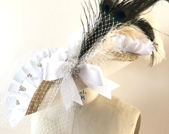 Pirate Hat White Wedding Hat with Veil and Feathers - Custom Order