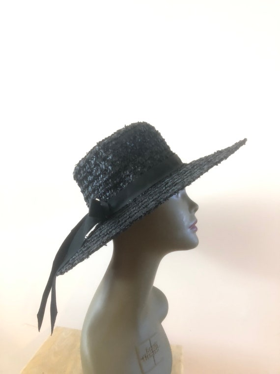 Vintage sun Hat Black 1950s Cartwheel Style