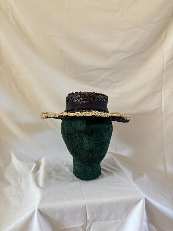 1940s Navy Blue Straw Boater Hat: White Ruffle Tr… - image 4