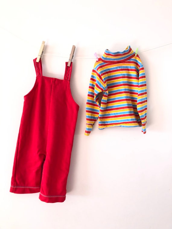 Red Overalls and Striped turtleneck set Vintage 1… - image 2