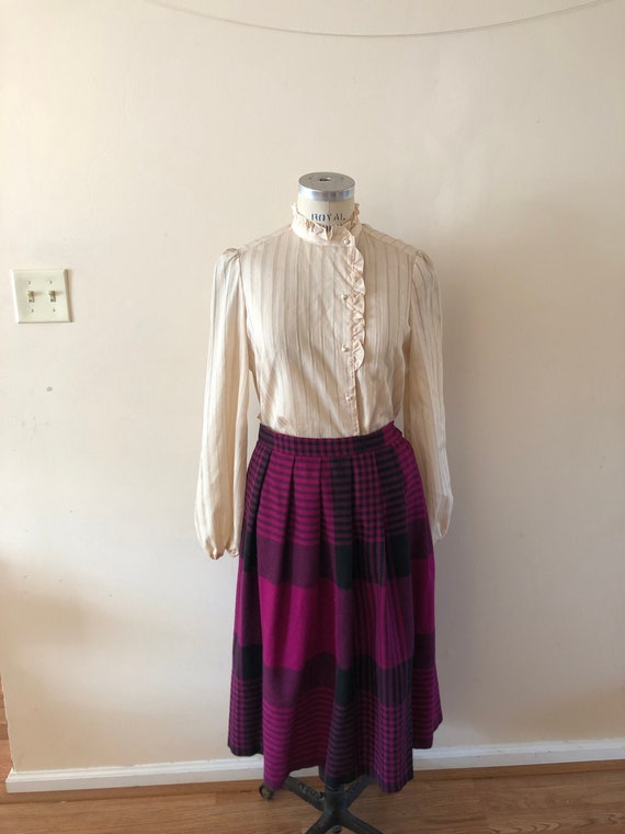 Purple Black Plaid Skirt Vintage 1970s Wool blend mid… - Gem