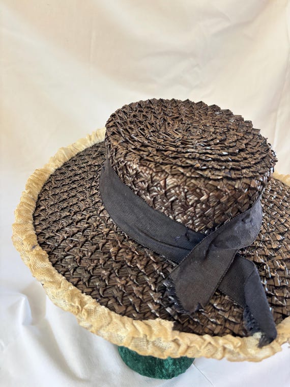 1940s Navy Blue Straw Boater Hat: White Ruffle Tr… - image 6