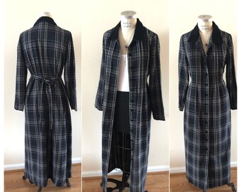 Black Plaid Shirtdress Maxi Length Jacket Duster sz M 1990s