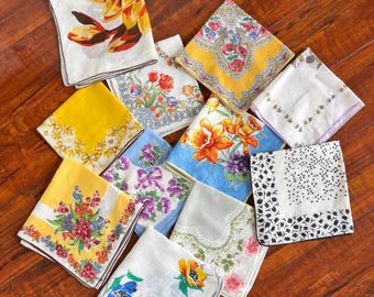 Vintage Handkerchiefs Mid Century Printed Floral Prints Lot of 11