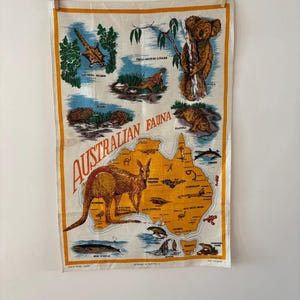 Vintage Tea Towel Linen Screen Print  Australian Animals 1970s