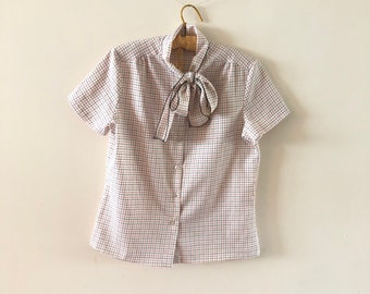 Pussy Bow checked blouse vintage 1970s sz M/L