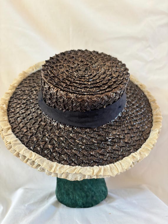 1940s Navy Blue Straw Boater Hat: White Ruffle Tr… - image 5