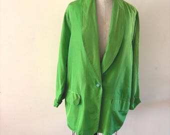 Green Silk Blazer vintage 1980s sz L