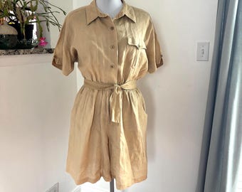 Khaki Linen Romper Vintage 1980s sz L Talbots