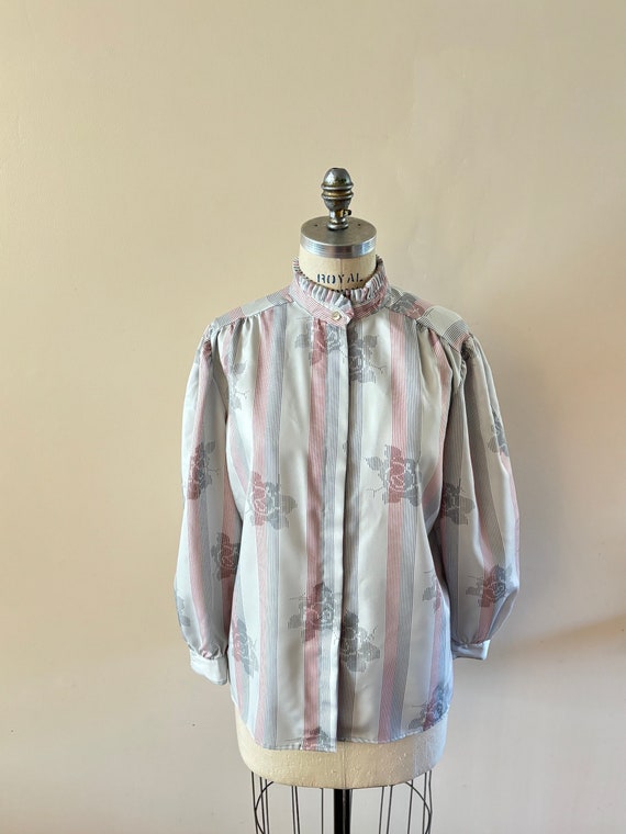 Gray high collar blouse 1980s vintage M/L