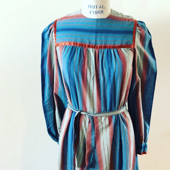 1970s Blue Cottagecore striped dress sz M - image 4