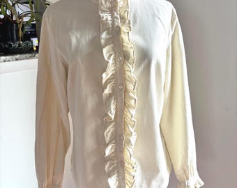 Cream Ruffled Corduroy Shirt Vintage 1990s Sz M/L