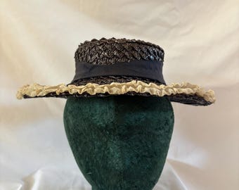 1940s Navy Blue Straw Boater Hat: White Ruffle Trim Skimmer