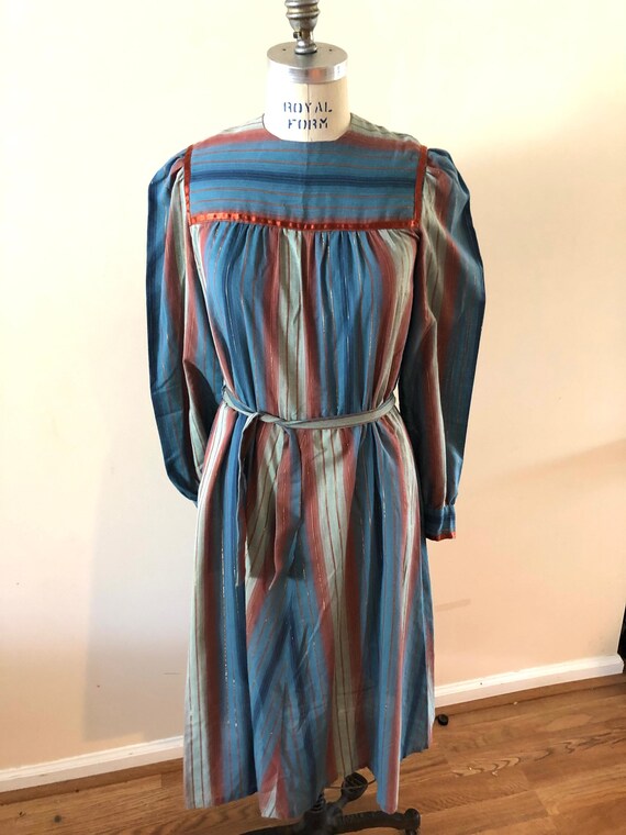 1970s Blue Cottagecore striped dress sz M - image 2