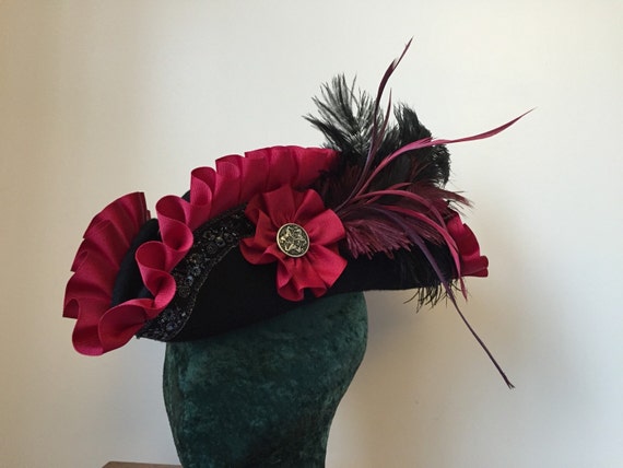 PIRATE HAT Black Crimson Red Unique Gothic Romantic Tricorn Custom