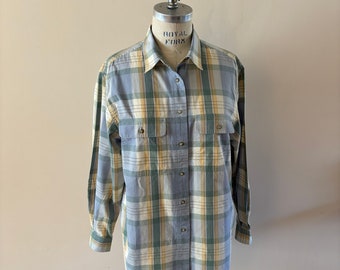 Blue Plaid Button Down Shirt Vintage 1980s sz L