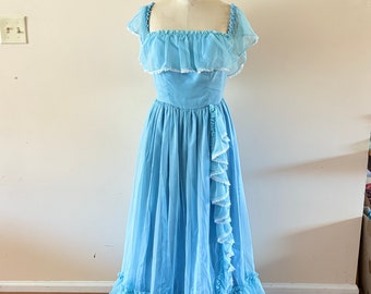 1980s Prom Gown Blue Ruffles sz S/M