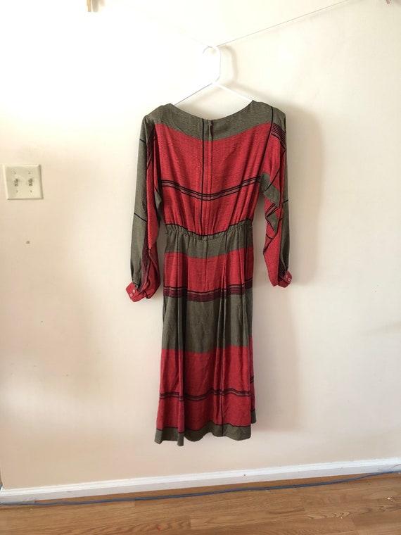 Green and Red Silk Dress Vintage 1980s Sz S - image 6