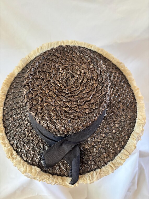 1940s Navy Blue Straw Boater Hat: White Ruffle Tr… - image 8