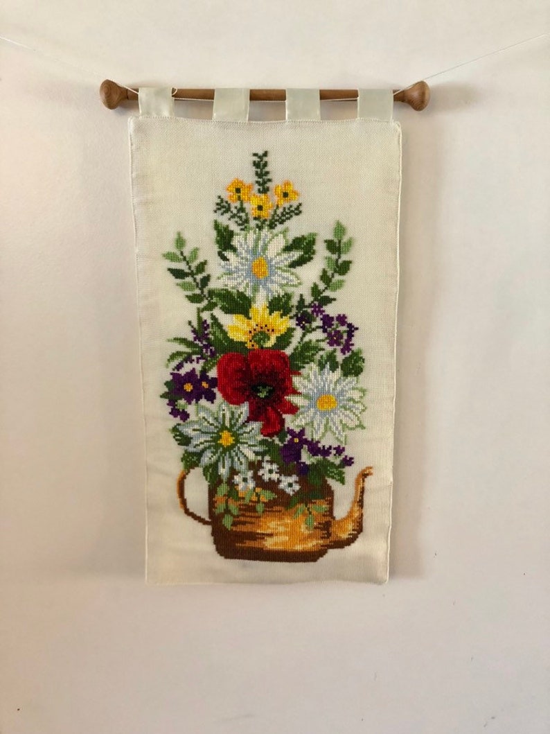 Vintage Floral Needlework Wall Hanging Flowers in a Teapot Etsy Israel