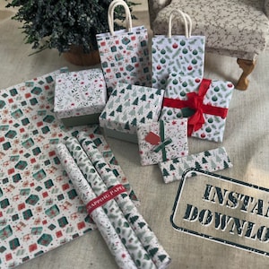 Download digitale - PDF stampabile Kit carta da regalo natalizia in miniatura per casa delle bambole in scala 1/12 con sacchetti regalo e scatole