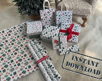 Téléchargement numérique - PDF imprimable à l'échelle 1/12, kit de papier cadeau de Noël miniature pour maison de poupée avec sacs et boîtes-cadeaux