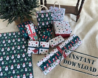 Digital Download - Printable PDF 1/12 scale Dollhouse Miniature Christmas Wrapping Paper Kit with Gift Bags and Boxes
