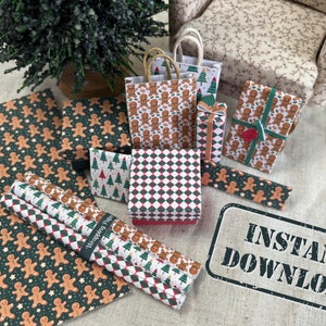 Download digitale - PDF stampabile Kit carta da regalo natalizia in miniatura per casa delle bambole in scala 1/12 con sacchetti regalo e scatole
