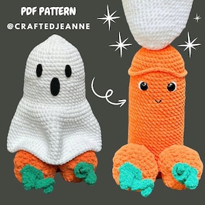 May include: Two crochet Halloween-themed figures. One is a white ghost with black eyes and mouth, orange pumpkin feet with green accents. The other is an orange figure with a white top, black eyes, and a smiling face, with orange pumpkin balls and green accents.