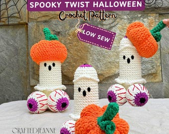 Low Sew Halloween Ghost Pumpkin Crochet Pattern, Eyeball Amigurumi PDF, Spooky Home Decor