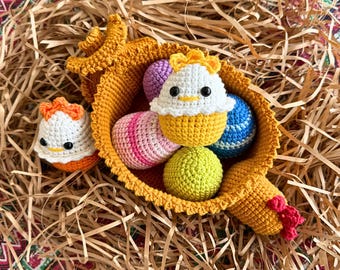 Wzór szydełkowy na zwierzątka: Farma amigurumi z kurczakiem i jajkami (plik PDF do pobrania natychmiast)