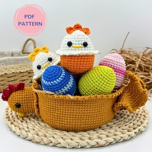 Chicken crochet plush amigurumi PDF, chicken mini and eggs crochet pattern, Hen Crochet Toy Pattern, Crocheted Farm Animal for Beginner