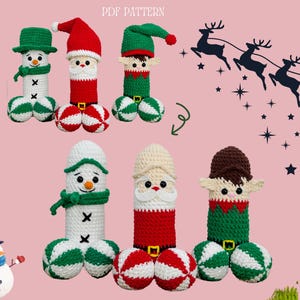 May include: Crochet pattern for a Christmas snowman, Santa Claus, and elf. Each figure is made with a long, cylindrical body and three round balls. The pattern includes instructions for making the figures and the balls.