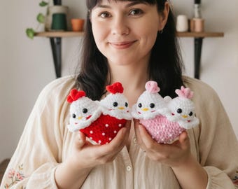 バレンタインのかぎ針編みパターン：鶏とカップルのハートの編みぐるみ - 初心者向け簡単PDF、すぐにダウンロード
